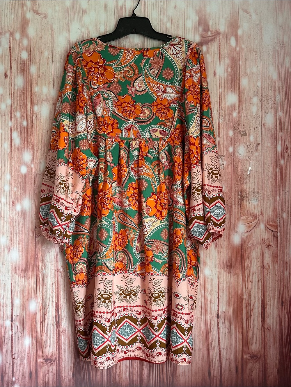 Amazon Bluetime Pink Paisley Orange Boho 3/4 Sleeve Babydoll Dress Size 2X - Picture 9 of 12